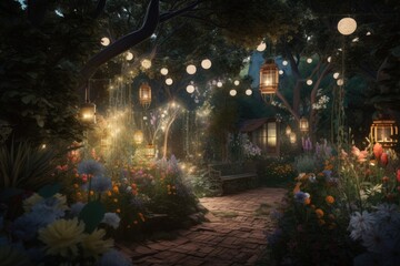 Obraz na płótnie Canvas magical garden with blooming flowers, glittering lanterns, and enchanting music, created with generative ai