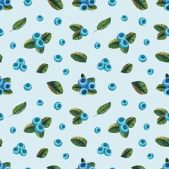 Seamless watercolor pattern with blueberry and leaves on blue background