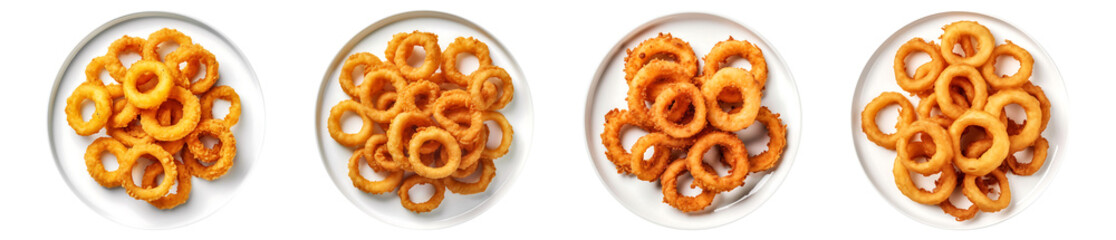 Obraz na płótnie Canvas Fried Onion Rings on white plate, top view with transparent background, Generative AI Technology