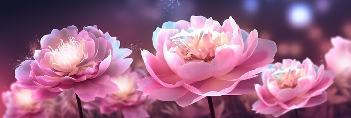 A bunch of pink flowers that are in a field. Generative AI.