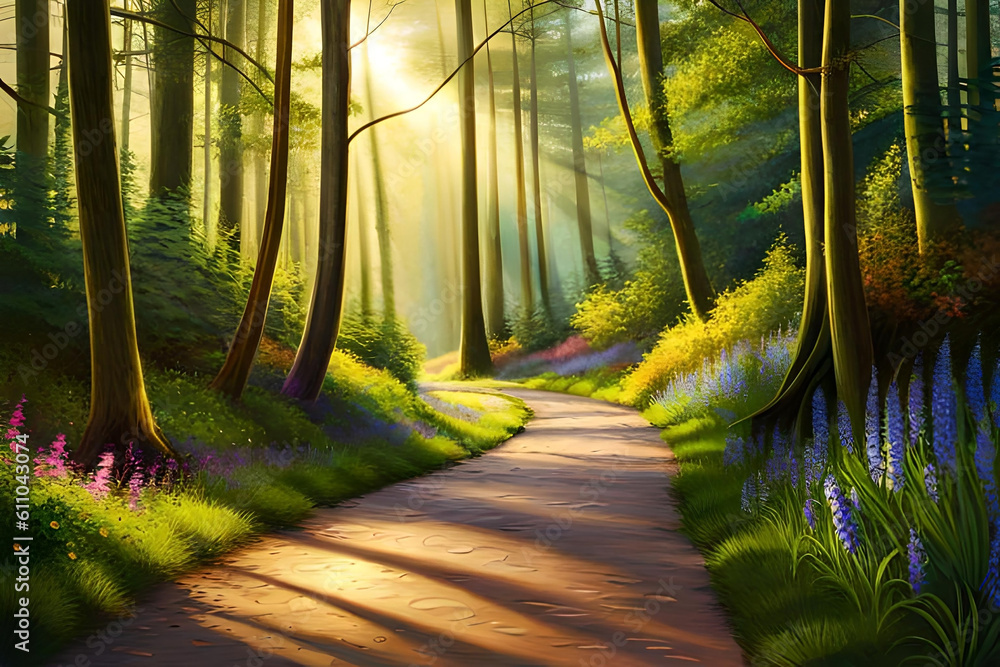 Poster an enchanting forest filled with towering trees and dappled sunlight filtering through the foliage
