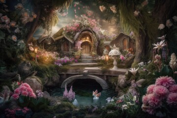 Obraz premium magical garden with fairies and magic, surrounded by blooming flowers, created with generative ai