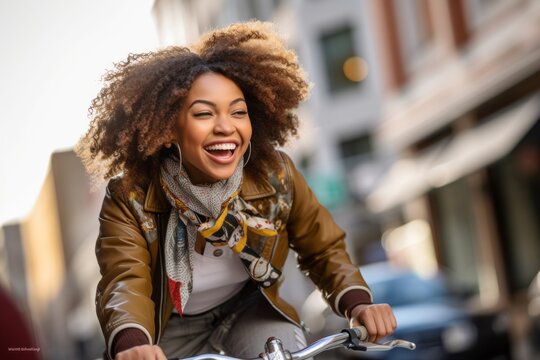 Lifestyle portrait photography of a grinning girl in her 30s riding a bike against a lively downtown street background. With generative AI technology