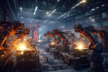 Industrial welding robots in production line, Generative AI