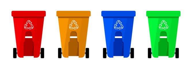 Recycle bin vector. Red, yellow, blue and green recycle bins for sorting waste