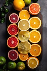 Obraz na płótnie Canvas sliced citrus fruits, yuzu fruit and green leaves on dark background. Top view flat lay copy space. Lemon fruit citrus minimal concept vitamin C. Generative AI