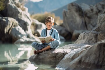 Fototapeta premium Lifestyle portrait photography of a satisfied kid male reading a book against a scenic hot springs background. With generative AI technology