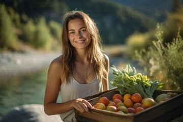 Environmental portrait photography of a grinning girl in her 30s harvesting fruits or vegetables against a scenic hot springs background. With generative AI technology