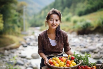 Environmental portrait photography of a grinning girl in her 30s harvesting fruits or vegetables against a scenic hot springs background. With generative AI technology