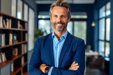Happy middle aged business man ceo standing in office arms crossed. Smiling mature confident professional executive manager, proud lawyer,  businessman leader wearing blue suit, created with ai - Powered by Adobe