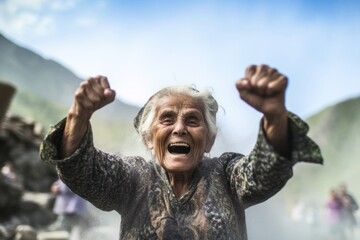Environmental portrait photography of a happy old woman celebrating with his fists against a scenic hot springs background. With generative AI technology