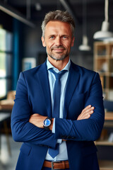 Happy middle aged business man ceo standing in office arms crossed. Smiling mature confident professional executive manager, proud lawyer,  businessman leader wearing blue suit, created with ai - obrazy, fototapety, plakaty