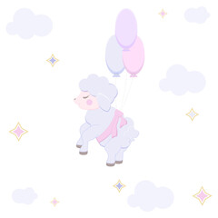 Sheep flying in the clouds. Vector illustration. Card, wallpaper, decoration, celebration, congratulation.