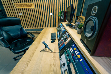 empty professional sound recording studio equalizer screen for sound engineer speakers sound...