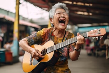 Environmental portrait photography of a joyful mature woman playing the guitar against a bustling outdoor bazaar background. With generative AI technology - obrazy, fototapety, plakaty