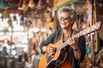 Obraz na płótnie Canvas Environmental portrait photography of a joyful mature woman playing the guitar against a bustling outdoor bazaar background. With generative AI technology