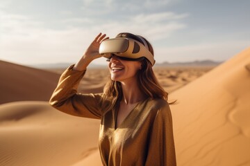 Lifestyle portrait photography of a grinning girl in her 30s playing with virtual reality mask against a picturesque desert oasis background. With generative AI technology