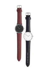 Classic leather black and brown watch on transparent background