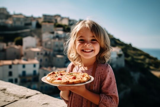 Medium shot portrait photography of a joyful kid female holding a piece of pizza against a scenic cliffside village background. With generative AI technology