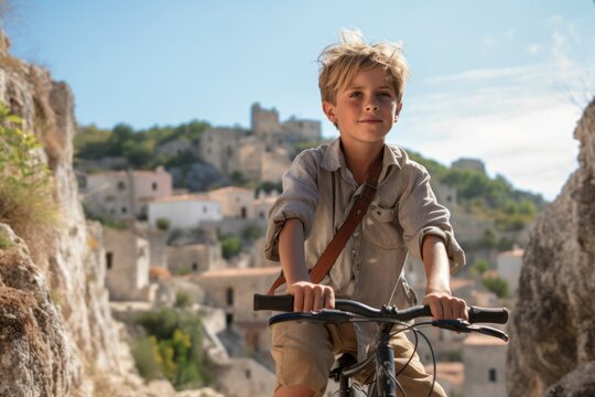 Full-length portrait photography of a satisfied kid male riding a bike against a scenic cliffside village background. With generative AI technology