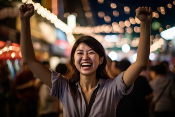 Obraz na płótnie Canvas Lifestyle portrait photography of a grinning girl in her 30s celebrating with his fists against a lively night market background. With generative AI technology
