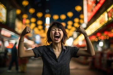 Lifestyle portrait photography of a grinning girl in her 30s celebrating with his fists against a lively night market background. With generative AI technology