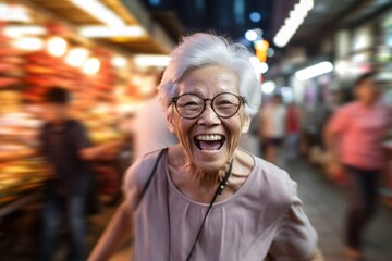 Obraz premium Medium shot portrait photography of a grinning mature woman running against a lively night market background. With generative AI technology