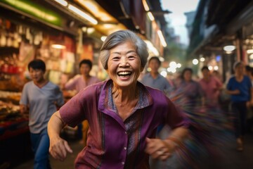 Medium shot portrait photography of a grinning mature woman running against a lively night market background. With generative AI technology