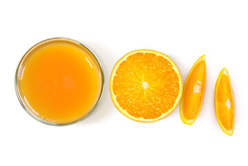Orange slices and glass of orange juice  top view PNG transparent
