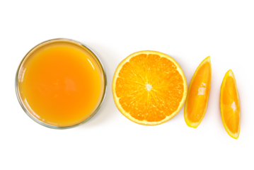 Orange slices and glass of orange juice  top view PNG transparent