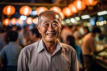 Environmental portrait photography of a satisfied old man smiling against a lively night market background. With generative AI technology
