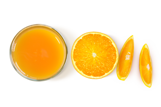 Orange slices and glass of orange juice  top view PNG transparent