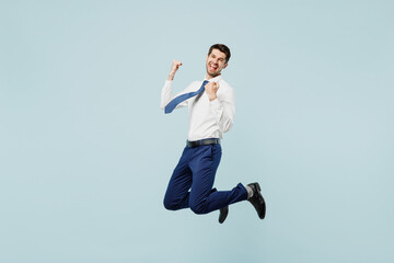 Full body young employee IT business man corporate lawyer in classic formal shirt tie work in...