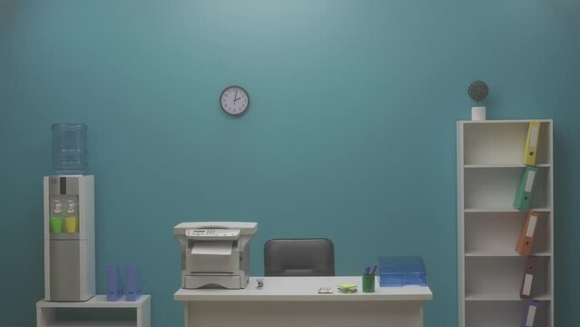 Interior of a modern office in blue tones with a printer on the desktop. The office is equipped with everything necessary for work and convenience for an employee. HDR BT2020 HLG Material