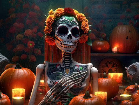Day of the Dead woman skull makeup with flowers and candles on dark background Created with Generative AI technology