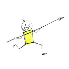 A man with a spear is going to jump high. Stick figure illustration.