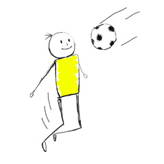 Stick figure soccer player catches a ball with his chest. Hand drawn illustration.