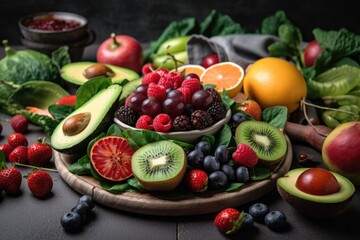 Fototapeta na wymiar plate of fresh fruits and vegetables, with immune-boosting benefits, created with generative ai