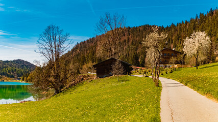 High resolution stitched spring panorama with reflections at Lake Hintersteiner See, Scheffau, Mount Wilder Kaiser, Tyrol, Austria