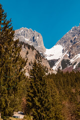 Alpine summer view with the Ellmauer Tor at the Wochenbrunner Alm, Ellmau, Mount Wilder Kaiser, Tyrol, Austria