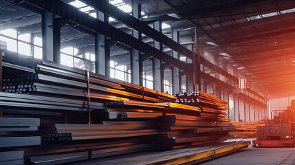 Steel in industrial warehouse, beam, pipe, steel plate, Generative AI - obrazy, fototapety, plakaty