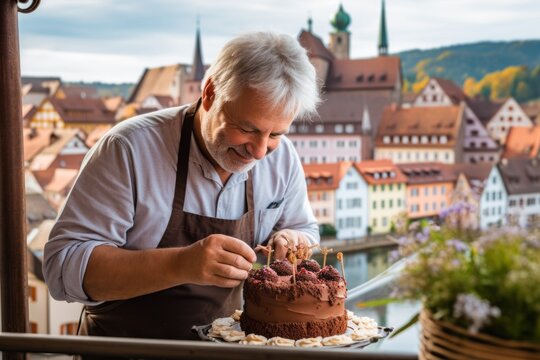 Medium shot portrait photography of a glad mature man making a cake against a picturesque old town background. With generative AI technology