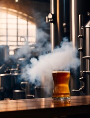 a large glass filled with freshly brewed beer with large brewing equipment in the background. Beer at the brewery. generative AI - obrazy, fototapety, plakaty