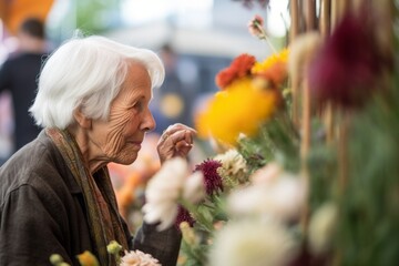 Lifestyle portrait photography of a glad old woman sniffing the flowers against a bustling art fair background. With generative AI technology - obrazy, fototapety, plakaty