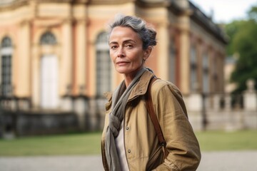 Fototapeta premium Environmental portrait photography of a tender mature woman walking against a historic museum background. With generative AI technology
