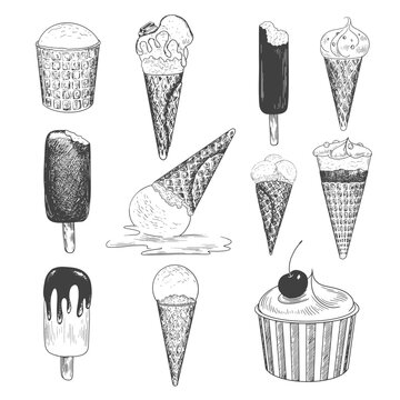 Set of  isolated ice cream sketch. Ice cream in cone waffle and paper bowl. Bitten popsicle. Chocolate glaze sundae. Fallen melted ice cream. Chocolate topping. Frozen dessert with cherry. Gelato