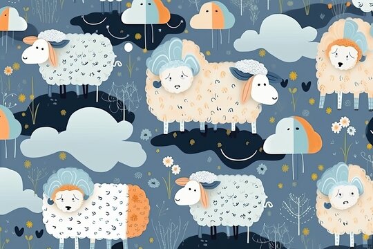 Beautiful background of sheep and clouds in a children's drawing style. Generative AI