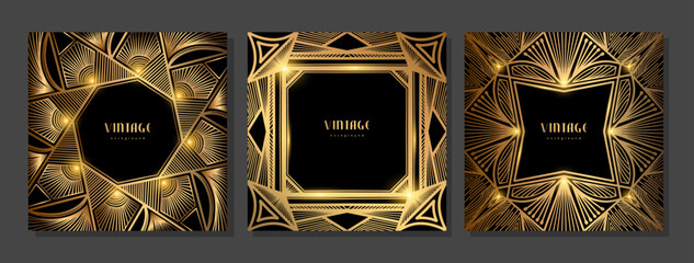 Set of luxury geometric linear template. Golden vintage frame. Art deco style gold background for banner, poster, cover. Retro line art with glitter, shine. Abstract minimalist gatsby style pattern