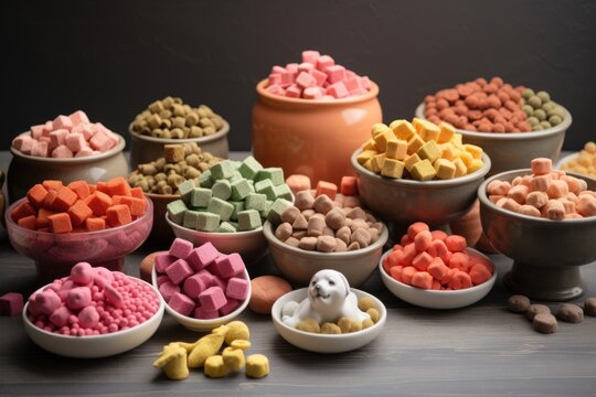 pet food and treats in a variety of colors and shapes for cute photo shoot, created with generative ai
