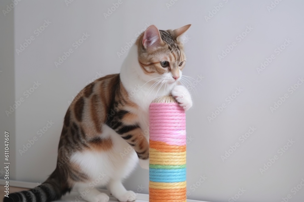 Wall mural scratching post with colorful plush toy for cat, created with generative ai